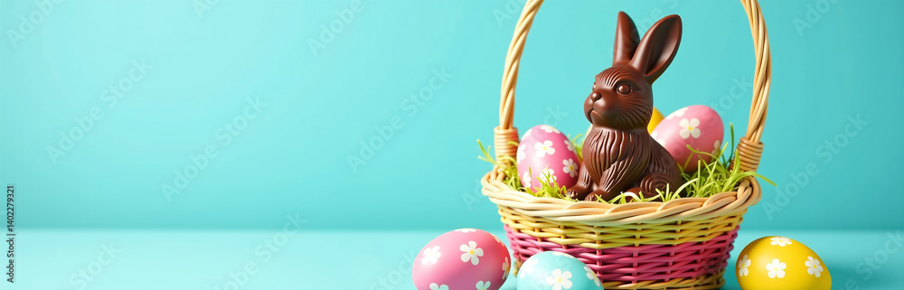 Poster A Festive Easter Display Features A Chocolate Bunny Surrounded By Patterned Eggs In A Colorful Wicker Basket Filled With Goodies.