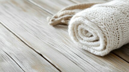 Rolled cream-colored knitted scarf on rustic wooden surface.