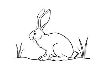 Simple Vector Illustration Of Rabbit Outline In Grassy Field Isolated On White