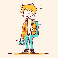 Creative male student with camera and backpack, showcasing casual style and confidence