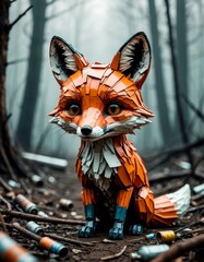 A fox made from plastic waste and debris stands in a forest surrounded by trash.