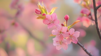 A close-up of pink cherry blossoms against a blue sky.