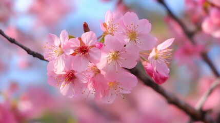 Fototapeta premium A close-up of pink cherry blossoms against a blue sky.