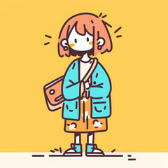 Fototapeta premium shy female student stands with bag, wearing colorful outfit against bright background