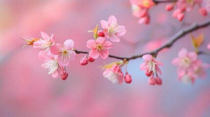 Obraz premium A close-up of pink cherry blossoms against a blue sky.