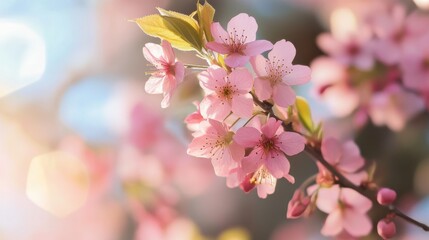 A close-up of pink cherry blossoms against a blue sky.