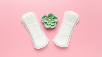 Two sanitary pads on a pastel pink background with a green flower, symbolizing feminine hygiene and care. Perfect for health, wellness, and feminine product branding