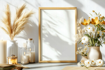blank frame with pampas grass and candles on table