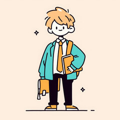 studious male student with cheerful expression, holding books and bag