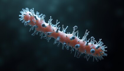 "Bacillus anthracis (rod shaped) with endospores, some spores bursting open, dark atmospheric lighting for tension."