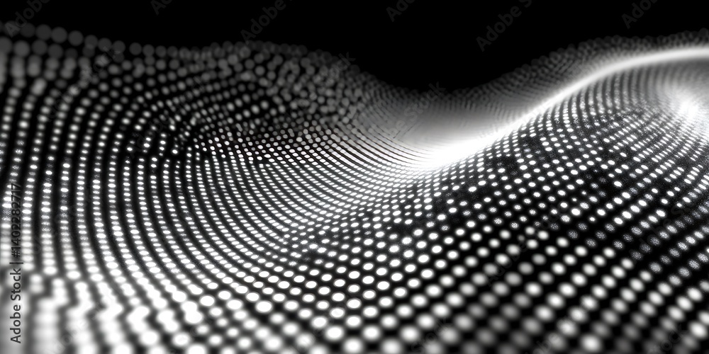Poster abstract dynamic wave with glowing dots on black backdrop with depth
