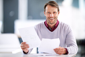 Business, portrait and man with documents, smile and reading for feedback, planning and review....