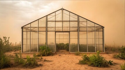 Obraz premium A Greenhouse Overrun by a Dust Storm in Agricultural Landscape
