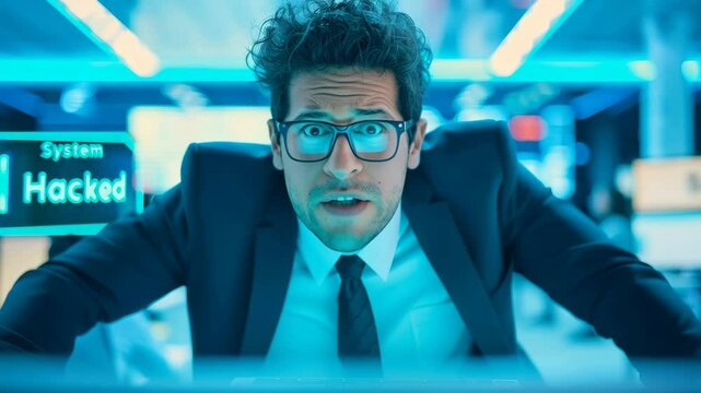A person looks alarmed at a computer screen displaying the words "System Hacked" in a brightly lit, modern office environment.