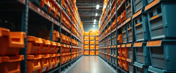 Rows of organized orange and blue storage bins in a large warehouse facility showcasing efficient inventory management