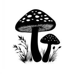 Two mushrooms, one large and one small, with speckled caps and detailed grass below