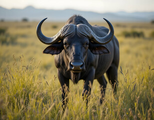 Obraz premium Buffalo Standing in Grassy Field with Mountain Backdrop