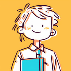 Obraz premium Confident male student with medium hair, smiling and holding book against bright background