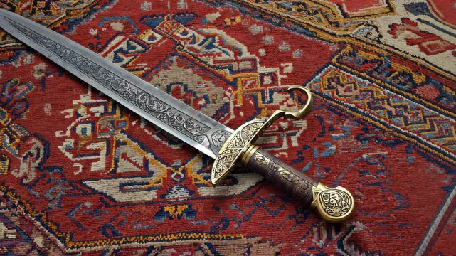 Ornate antique sword resting on an oriental carpet, showcasing detailed craftsmanship, ancient weaponry, and rich cultural textures
