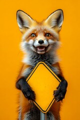 Obraz premium Poster design with beast. Isolated baby animal on a solid uniform bright orange background. Adorable model pose. Cute baby animal fox hold in front paws a layout - large yellow zoo sign.