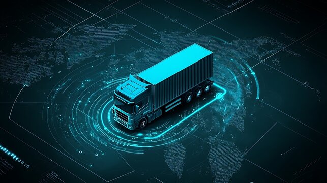 Futuristic truck navigating a digital map with data overlays, showcasing advanced logistics technology