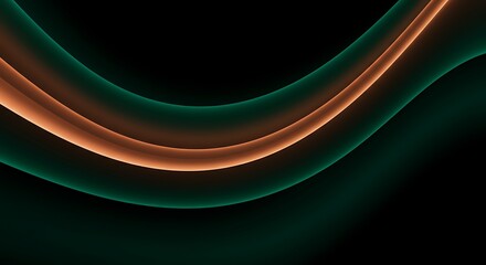 Abstract design featuring smooth, flowing waves with a dark background. Prominent colors include orange and green, creating a dynamic contrast. The waves appear fluid and curved