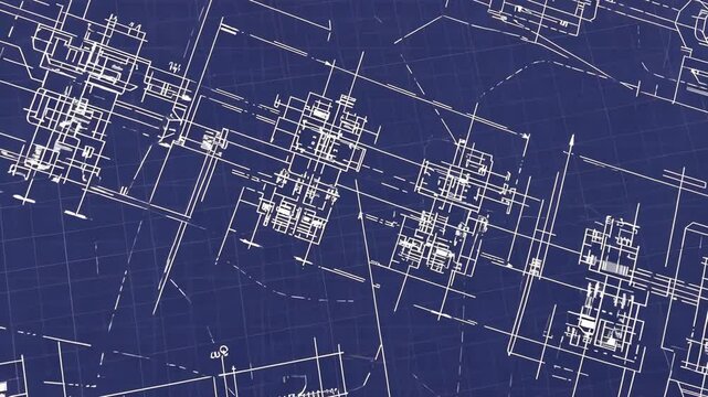 Detailed Blueprint of Structures on Dark Blue Background Displaying Architectural and Engineering Design Elements, Grid Lines, Precise Detailing