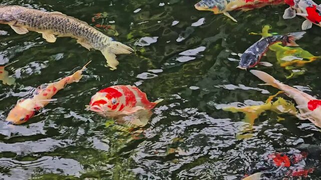 Big koi fish swimming in the pond