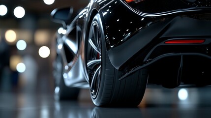 Sleek black sports car rear view, showcasing tire, wheel, and body details in a dimly lit showroom.