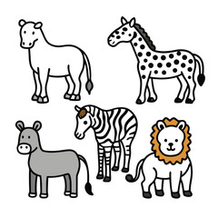 Naklejka premium Black vector set of wild and farm animal silhouettes including elephant, horse, and lion illustration
