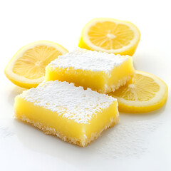 Delicious Lemon Bars with Powdered Sugar and Fresh Lemon Slices on White Background Food Photography