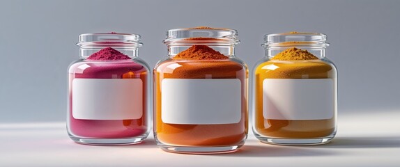 Three colorful glass jars of powder spices with blank labels.