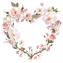 floral heart wreath of cherry blossoms and roses, delicate pink and ivory tones, clean white background, elegant composition, PNG style