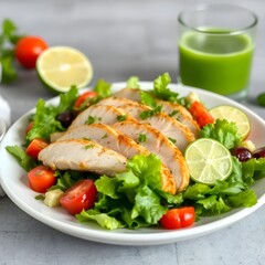 Ensalada de pechuga de pollo. jugo verde