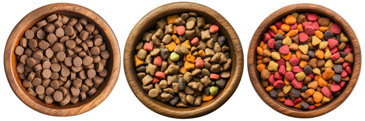 dried pet food on wood bowl, transparent background