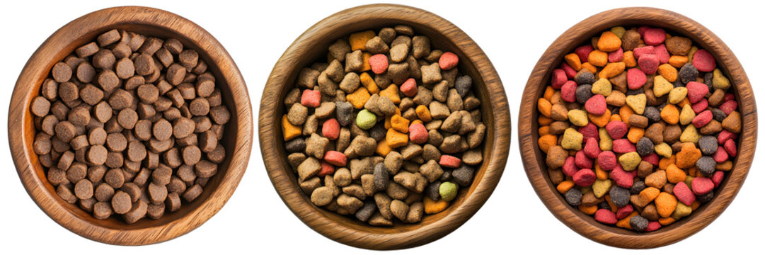 dried pet food on wood bowl, transparent background
