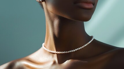 A woman with a pearl necklace is wearing a black shirt