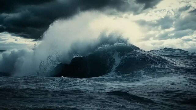 Powerful ocean wave crashing in dramatic storm