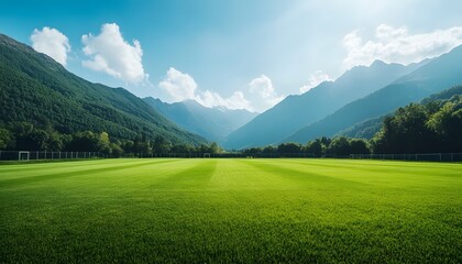 Scenic Soccer Field in Alpine Valley with Mountain Views and Clear Sky, a Sports and Nature Theme
