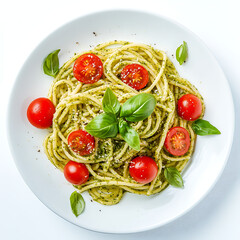 Delicious Pesto Pasta Dish with Cherry Tomatoes and Fresh Basil Leaves on White Plate Overhead View