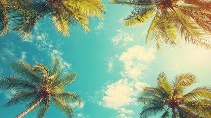 A vibrant image looking up at palm trees against a bright blue sky with scattered clouds.