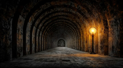 Psychological thriller, A mysterious psychological thriller scene featuring an eerie tunnel illuminated by a distant light.