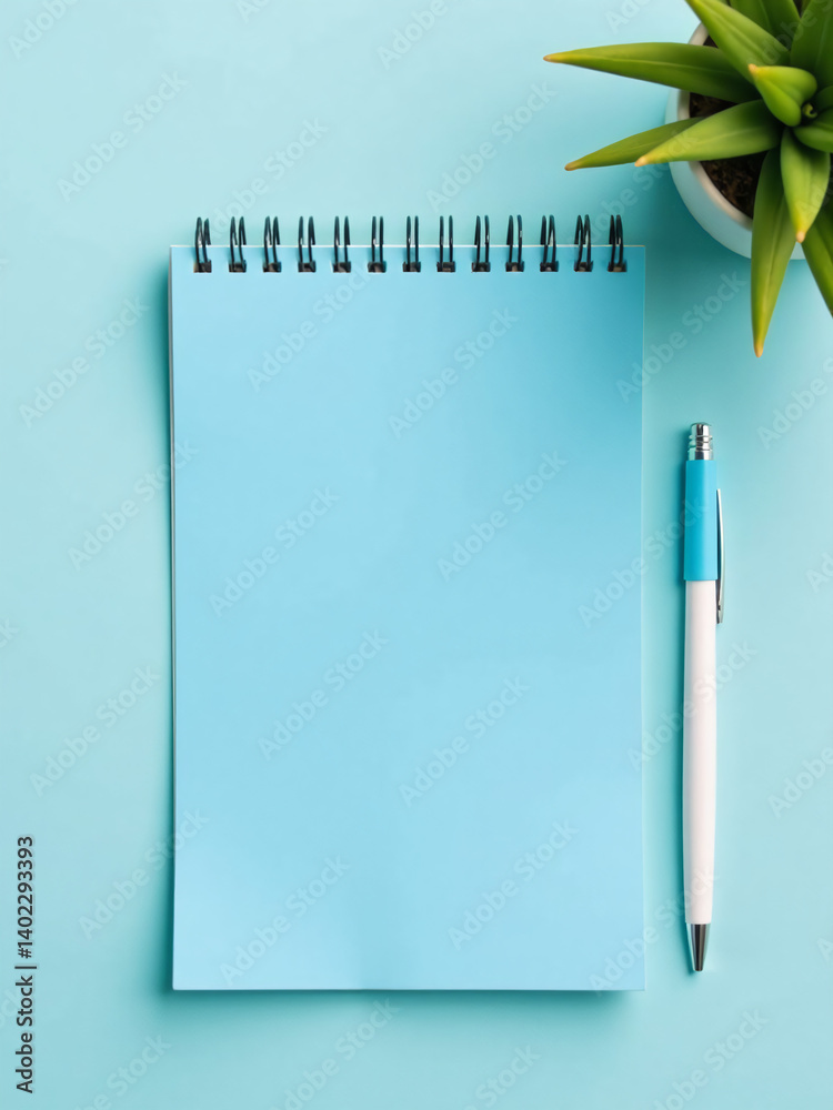 Aufkleber a simple setup featuring a blue notepad, pen, and greenery on a pale blue background with empty spac