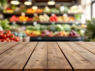 Empty wooden table in minimalist grocery store - serene retail ambiance with blurred product aisle backdrop