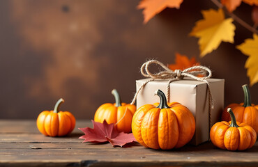 A Simple Yet Elegant Thanksgiving Table Setting Features Small Pumpkins And A Wrapped Gift Amidst A Rustic Brown Background.