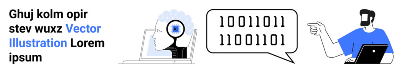 Magnifying glass highlighting AI, programmer analyzing binary code on laptop. Ideal for technology, AI development, data analysis, coding, teamwork, education, flat landing page banner