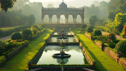 A beautifully landscaped Mughal-inspired garden at sunrise, featuring symmetrical water fountains, manicured hedges, and an elegant domed pavilion framed by lush greenery and soft golden light. - Powered by Adobe