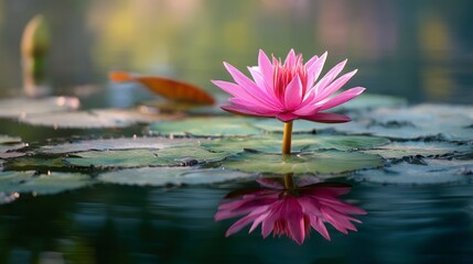 Pink Water Lily Blooming on Pond with Reflection in Water