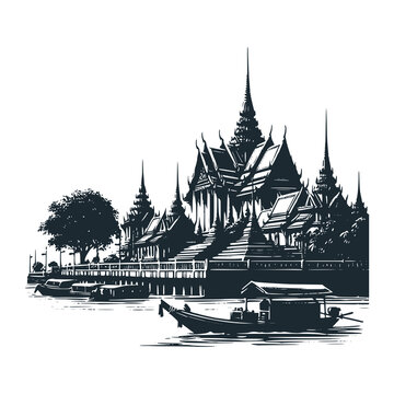 Wat temple by Chao Phraya river with long-tail boat silhouette - black and white vector illustration