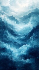 Serene Mountain Landscape Mobile Wallpaper Swirling Blue Clouds and Misty Mountains Under Soft Glowing Sky